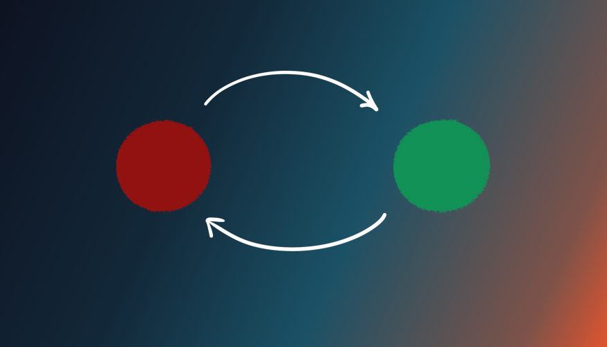 Zwei Objekte, symbolisiert durch einen roten und einen grünen Punkt, beeinflussen sich gegenseitig.