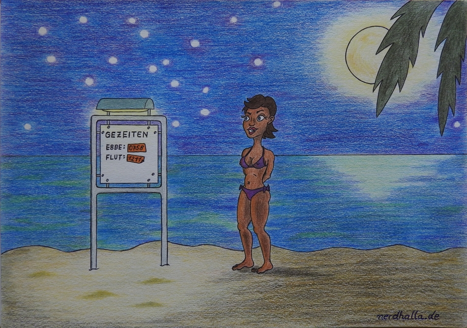 Eine sexy Frau im Bikini steht nachts am Strand und betrachtet ein Schild mit den Gezeiteninformationen
