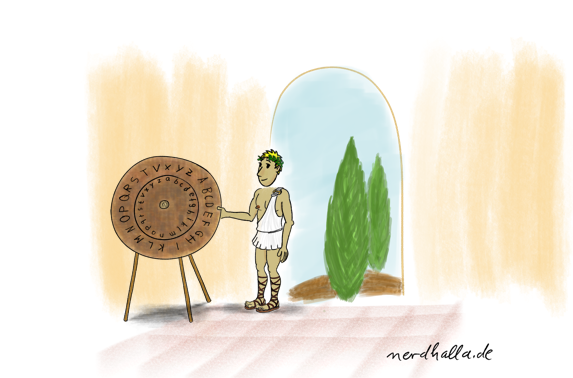 Ein sexy Mann in römischer Toga bedient ein antikes Kryptologie-Instrument eine sogenannte Cäsar-Scheibe
