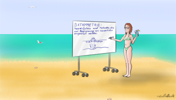 Eine sexy Frau am Strand trägt einen knappen Bikini und erklärt am Whiteboard die Bedeutung von Bathymetrie
